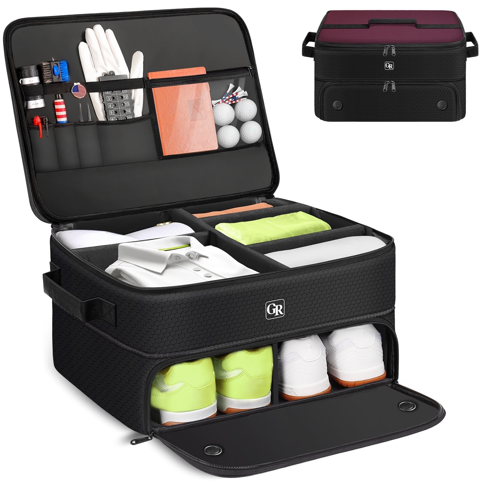 Odor-Absorbing 2-Layer Golf Trunk Organizer with Activated Carbon Fabric - Water-Resistant Golf Shoe Bag for Shoes Balls Tees Clothes Gloves Golf Accessories, Fathers Day Dad Gifts for Men