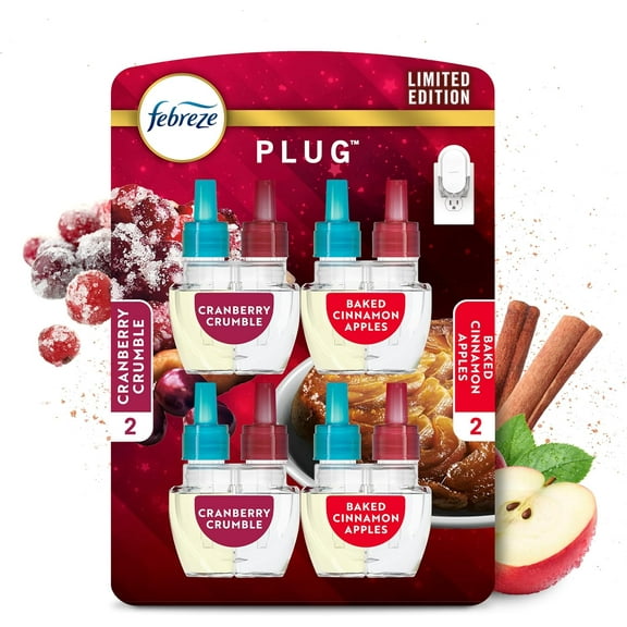 Odor-Fighting Fade Defy PLUG Air Freshener Baked Cinnamon Apple, Cranberry Crumble, .87 fl. oz. Oil Refill, 2 of Each