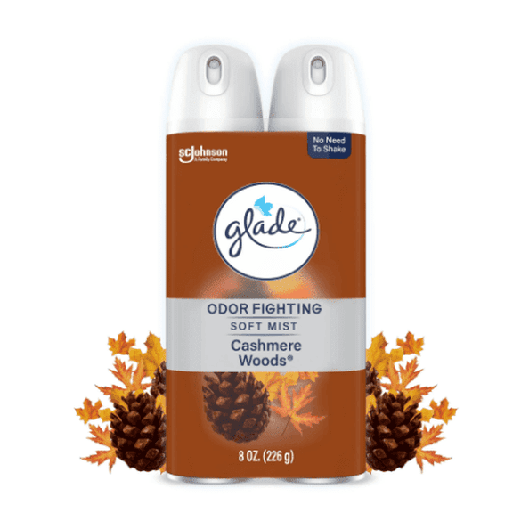 Odor Fighting Soft Mist Air Freshener Room Spray, Cashmere Woods, 16.0oz, 2pk Glade