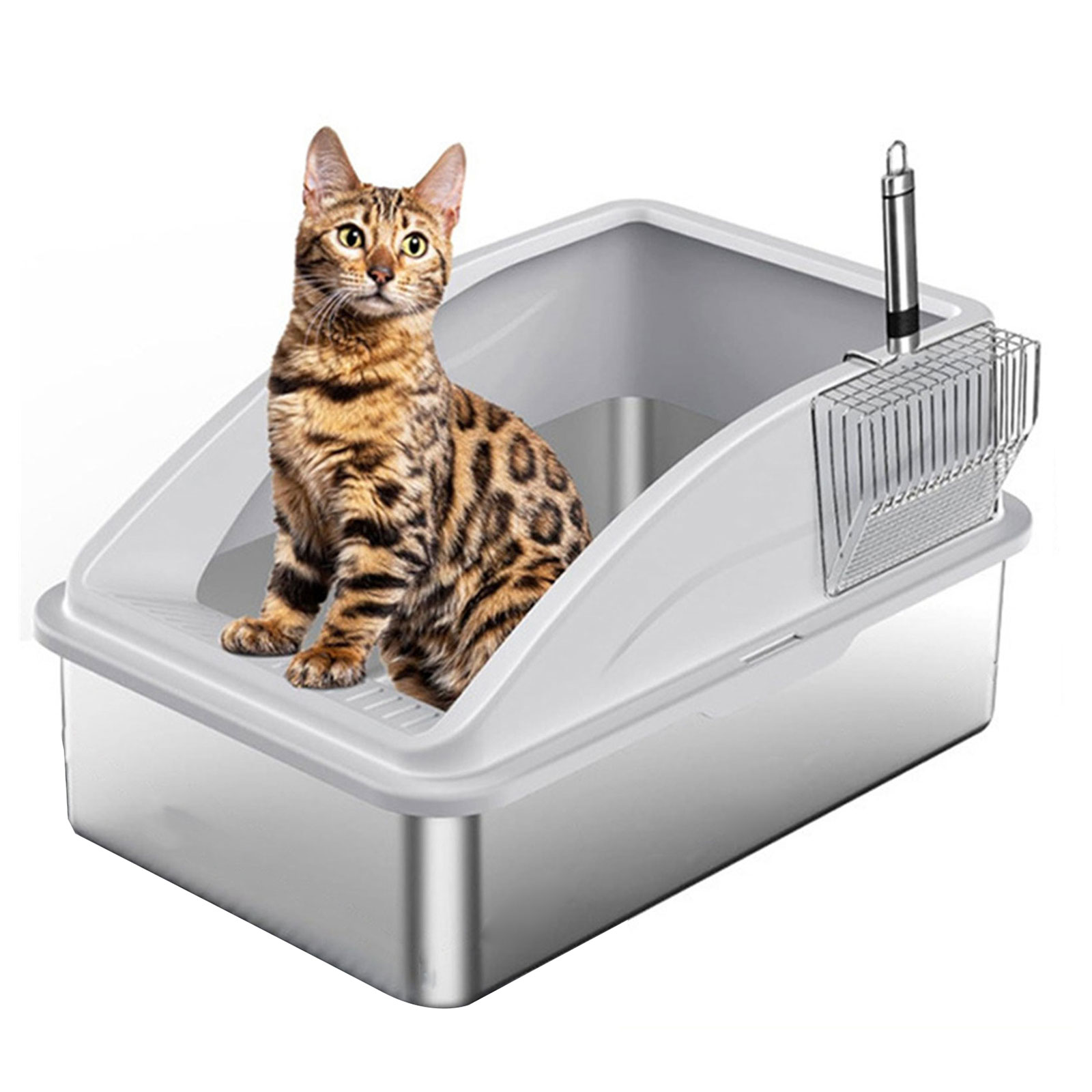 Odor Resistant Half Enclosed Cats Litter Box Stainless Steel LeakProof Includes Scoops for Home Office Corner Use