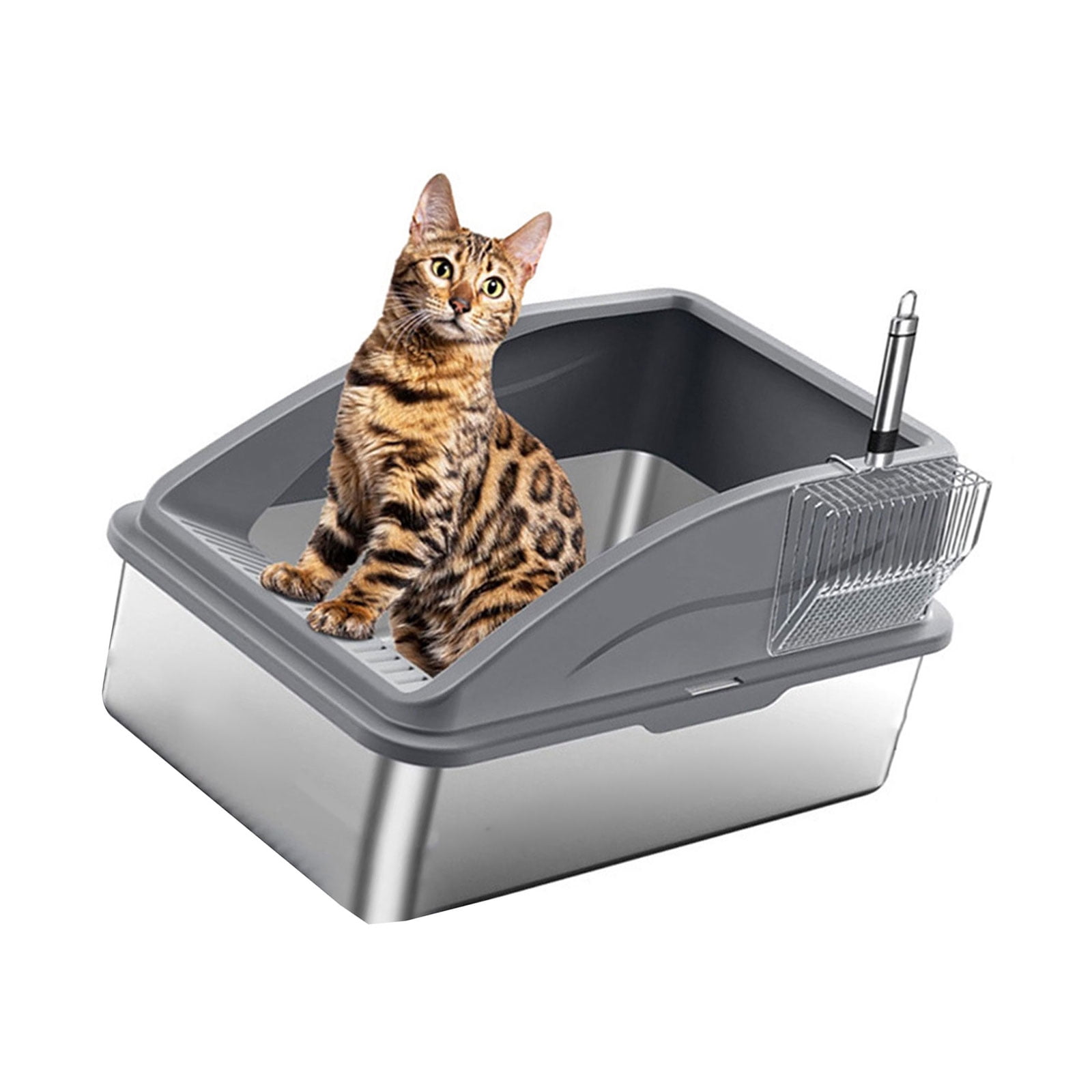 Odor Resistant Half Enclosed Cats Litter Box Stainless Steel LeakProof Includes Scoops for Home Office Corner Use