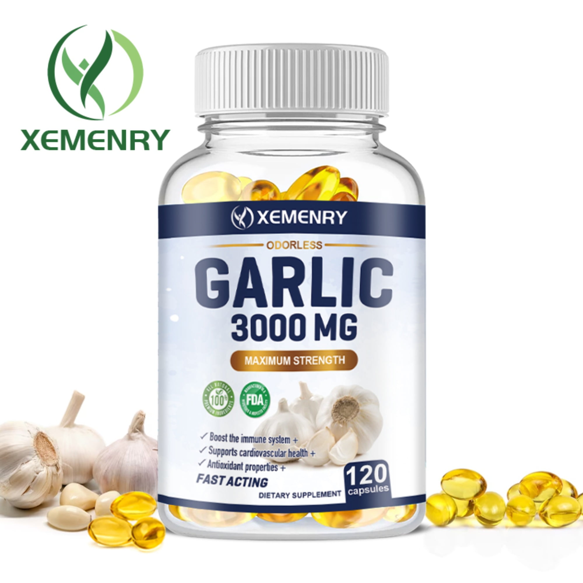 Odorless Garlic Capsules 3000mg - Maximum Strength, Heart & Cholesterol Health,Immune Support - 120 Capsules