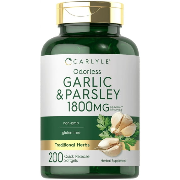 Odorless Garlic & Parsley 1800mg | 200 Softgels | Non-GMO, Gluten Free Supplement | by Carlyle