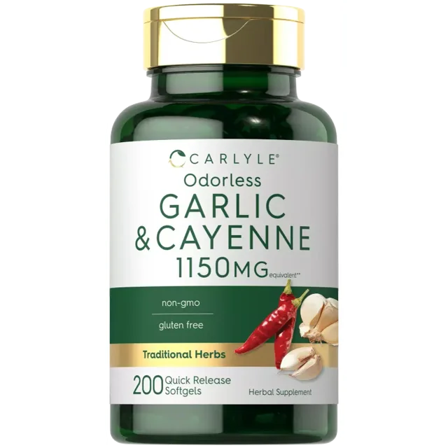 Odorless Garlic Pills with Cayenne 1150mg 200 Softgels NonGMO