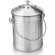 Odorless stainless steel compost bin for kitchen - Composting kitchen trash bin - includes backup carbon filter smooth stainless steel, 5 liters