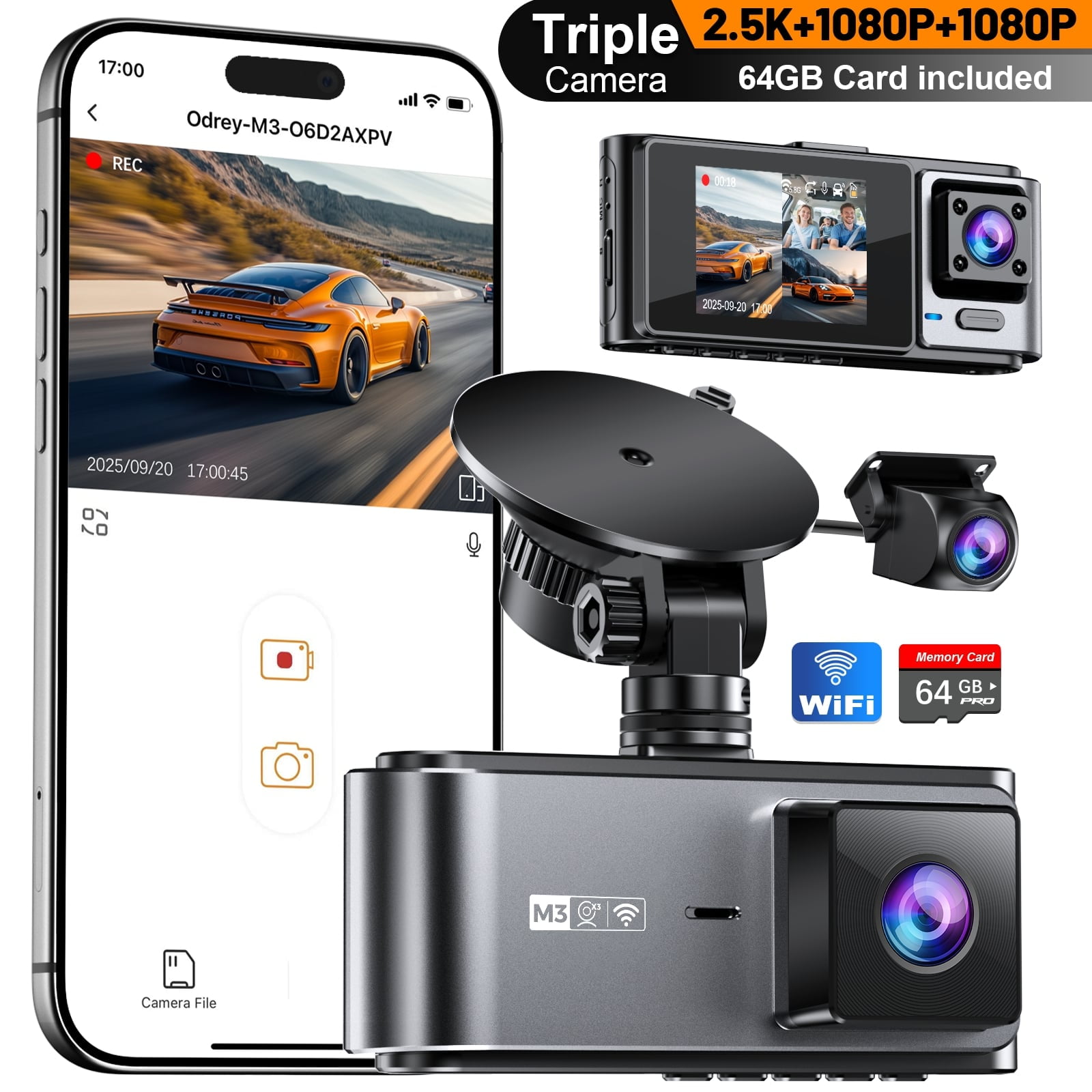 Odrey 3 Channel 5.8G WiFi Dash Cam Front and Rear Inside, 2.5K+1080P+1080P Dashcam for Car with 64GB Card, Triple Dash Camera with G-Sensor, WDR, 24Hrs Parking, Loop Recording
