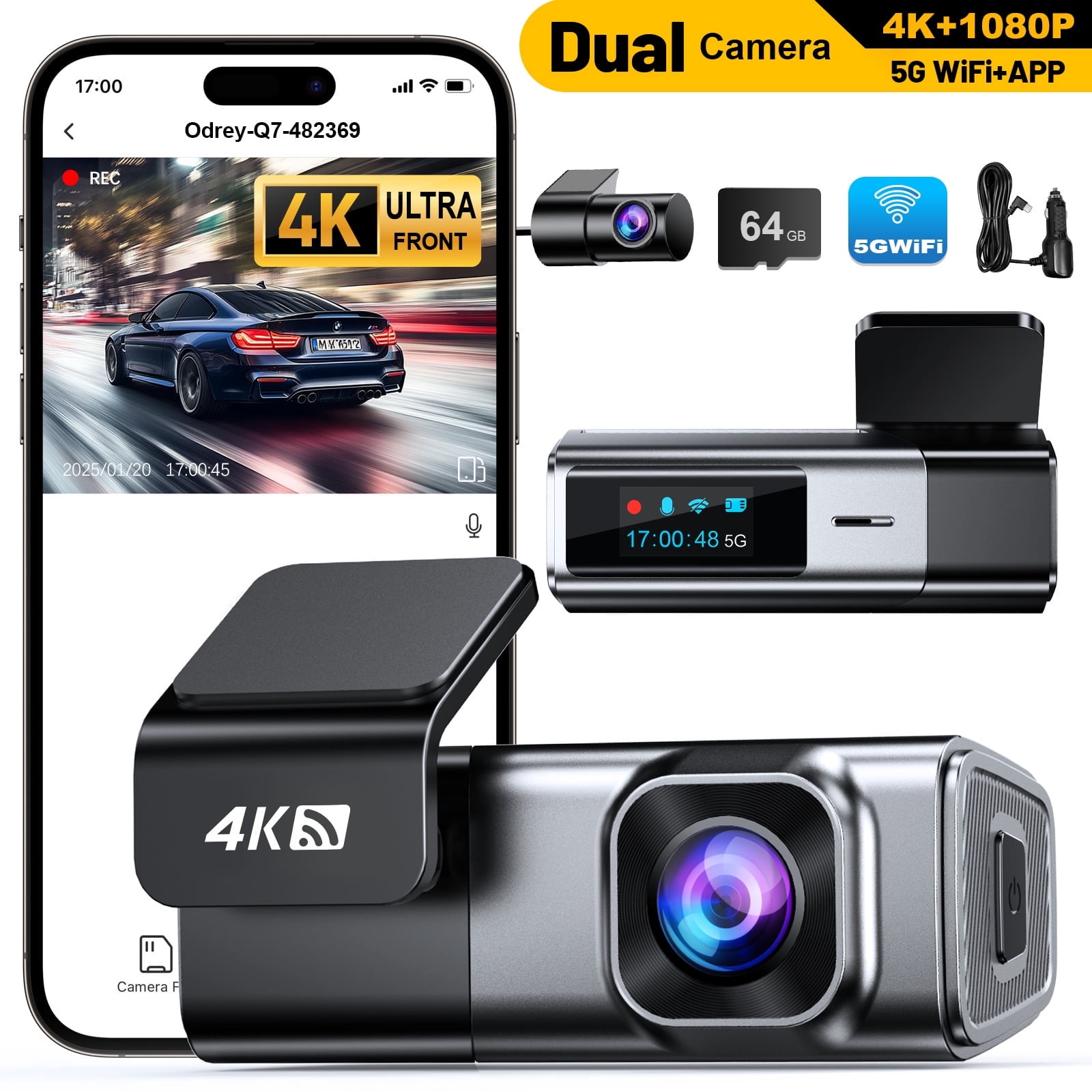 Odrey Car Dash Cam Front and Rear, Dashcam 4K Front and 1080P Rear Camera with 5G WiFi 64GB Card, Dash Camera for Cars w
