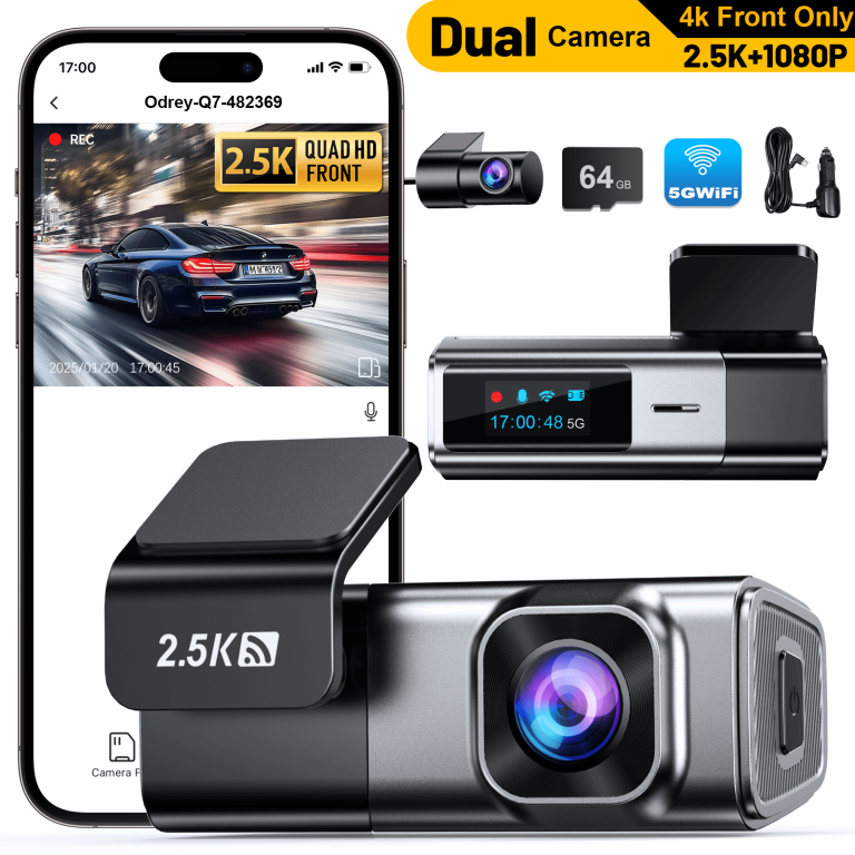 O3 Pro 3-Channel Dash Cam - Front, Rear & Inside 2.5K, 5GHz WiFi, 64GB Card, Parking Mode