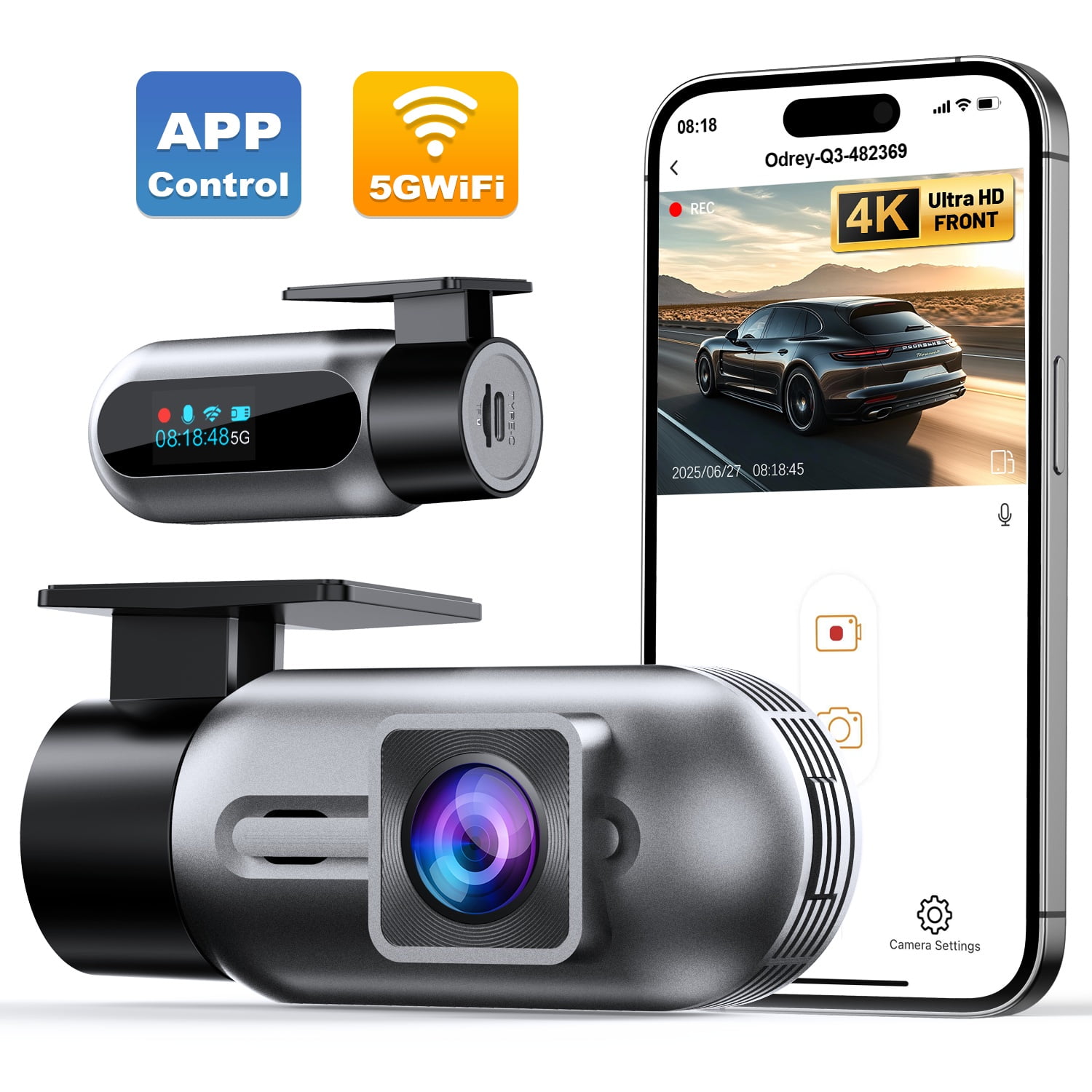Odrey Dash Cam 4K UHD Front Dashcam with 5G WiFi Car Camera, Dash Camera with APP 24H Parking Mode, WDR, Loop Recording, Night Vision, Support 256GB Max