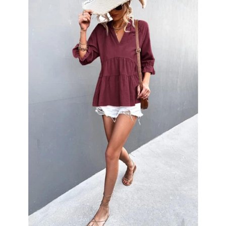 Odsufo Peplum Tops for Women V Neck Babydoll Blouses 3/4 Sleeve Casual Shirts