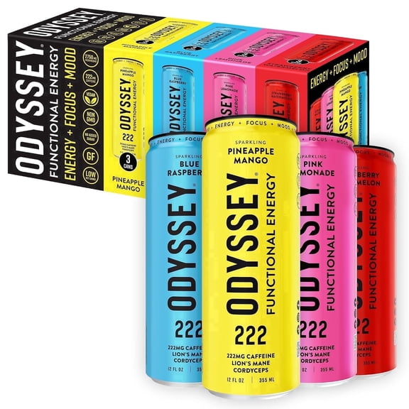 Odyssey Functional Energy Drink Variety Pack, 222mg Green Tea Caffeine, Clean Energy & Focus, Low Calorie, No Added Sugar, No Crash, Lion's Mane & Cordyceps, 12 Pack 12 Fl Oz