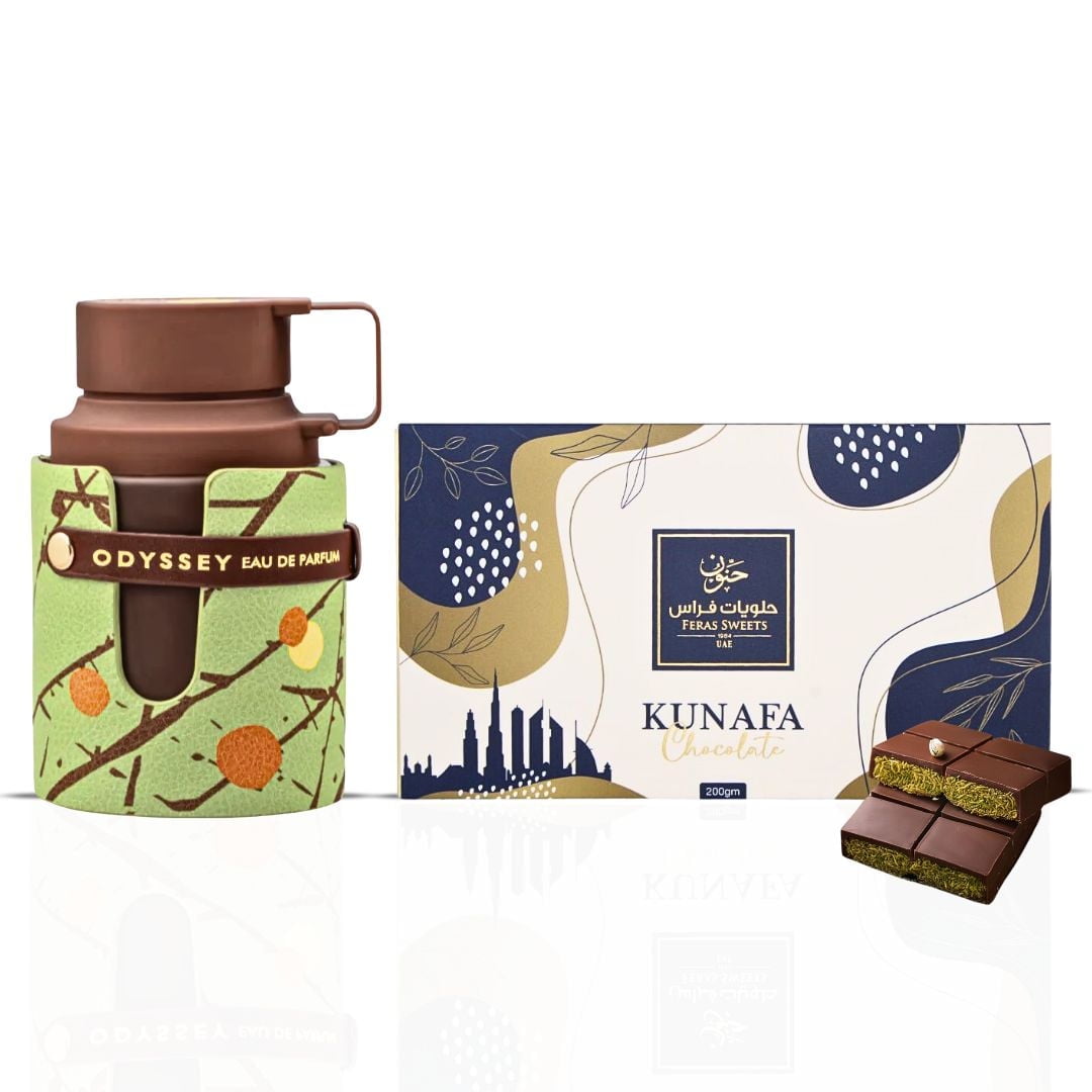 Odyssey Dubai Chocolat Gourmand Edition Eau De Parfum Spray 100ML (3.4 OZ) by Armaf & Dubai Kunafa Chocolate Bar 200GMS by Feras Sweets | A Duo of Decadent Fragrance & Rich Chocolate Indulgenc