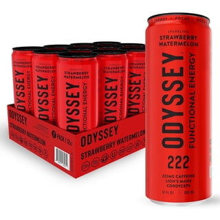 Odyssey Functional Energy Drink, Strawberry Watermelon, 222mg Green Tea Caffeine, Clean Energy & Focus, Low Calorie, No Added Sugar, No Crash, Lion's Mane & Cordyceps, 12 Pack
