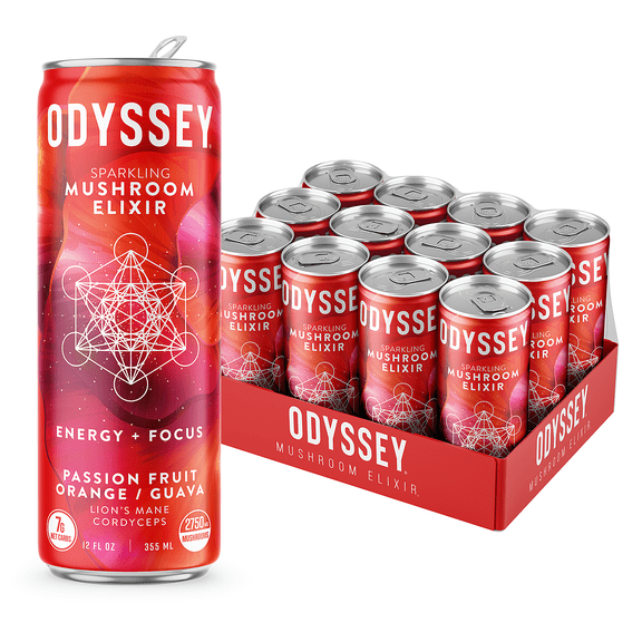 Odyssey Elixir Energy and Focus Sparkling Mushroom Drink, Passion Fruit Orange Guava Flavor 12 Fl oz (Pack of 12)