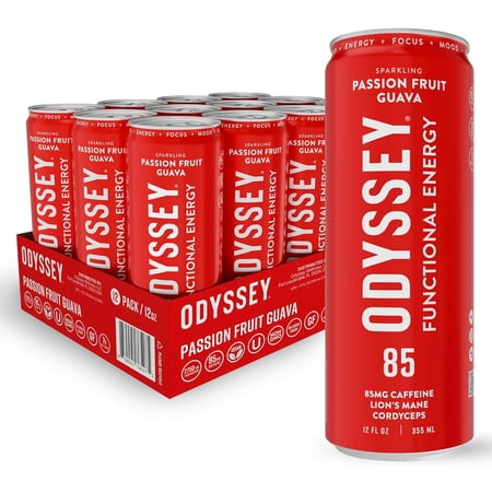 Odyssey Elixir Energy and Focus Sparkling Mushroom Drink, Passion Fruit Orange Guava Flavor 12 Fl oz (Pack of 12)