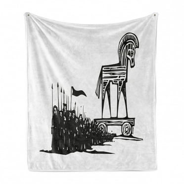 Odyssey Soft Flannel Fleece Blanket, Woodcut Inspired Expressionist Image of Greek Trojan Horse and Walking Men, Cozy Plush for Indoor and Outdoor Use, 50" x 60", Charcoal Grey White, by Ambesonne