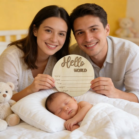 Oefntac Birth Announcement Sign Wooden Newborn Sign Birth Announcement Nursery Photo Prop Solid Engraved Record Board Room Decor Baby Shower Gift Keepsake Boy Girl Natural