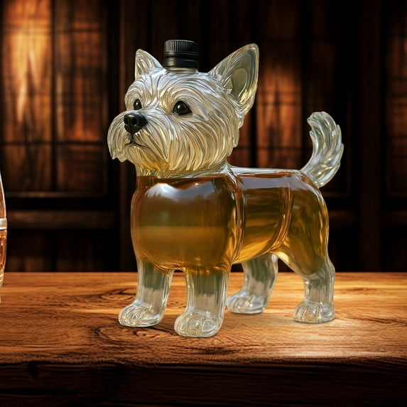 Oefntac Brewing Bottle Yorkshire Terrier Dog Glass Liquor Decanter Borosilicate Bottle Pet Carafe for Whiskey Brandy Home Bar Gift Leak-proof Decorative Ornamental