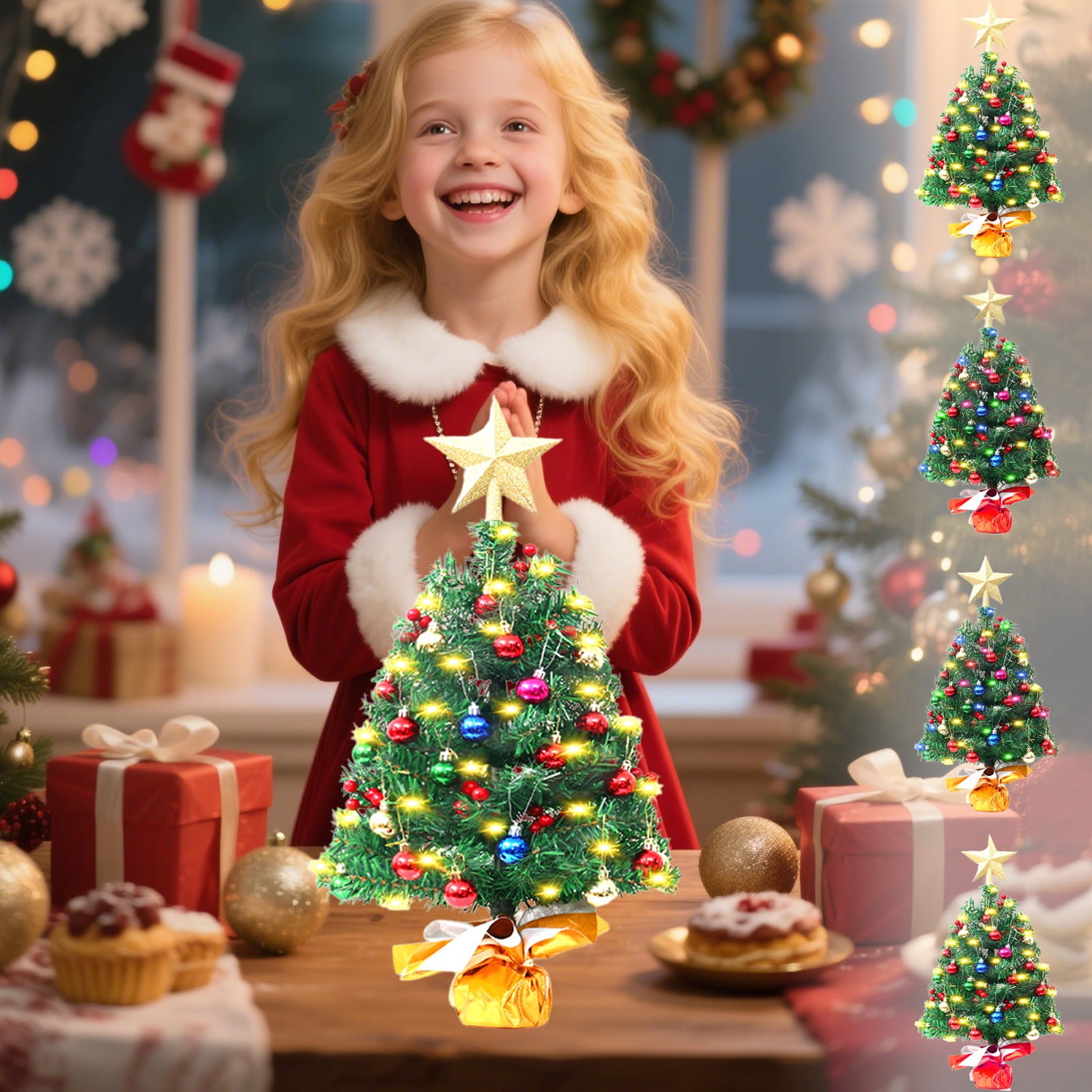 Oefntac Christmas Decorations Mini Desktop Christmas Tree,PVC Gold Red ...