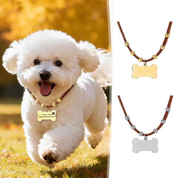 Oefntac Collar Dog Stainless Steel Engraved Necklace Collar Pet ID Tag Personalized Name Leather Adjustable Waterproof 18in Universal Outdoor Safety Customized Engraving Gift