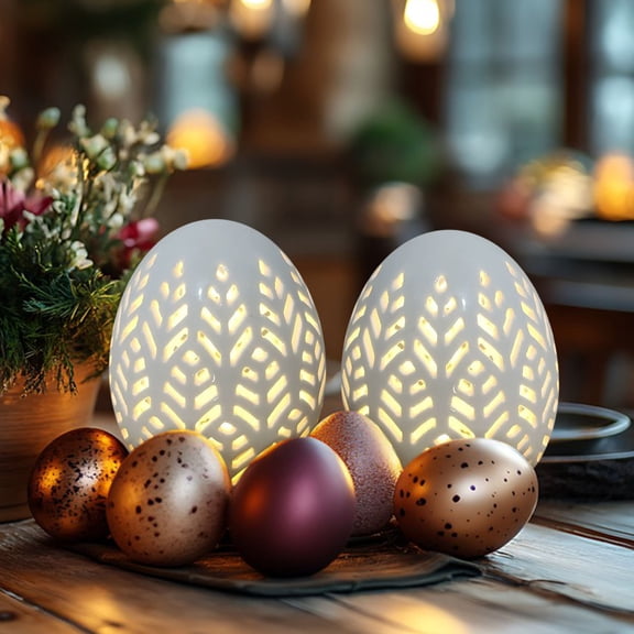 Oefntac Easter Decor LED Ceramic Easter Egg Lamp 3.9in Hollow White Porcelain Table Light Soft Decor Carved Floral Lighting Holiday Spring Gift Party
