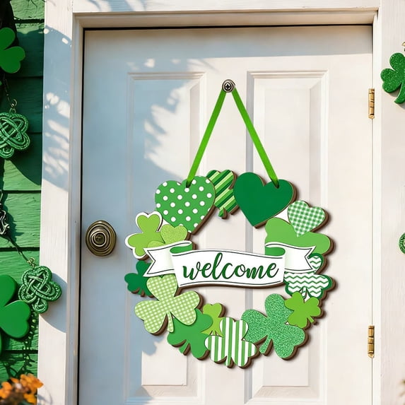 Oefntac Easter St Patrick’s Day Wooden Wreath Door Hanger Welcome Sign Handcrafted Holiday Greeting Irish Green Home Decor Wall Festival Indoor Outdoor Hanging
