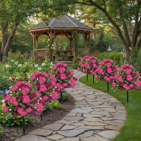 Oefntac Garden Decor Artificial Begonia Flower Pot 22in Outdoor Simulation Faux Shrub Tree Plastic Potted Patio Garden Decoration Realistic Plants