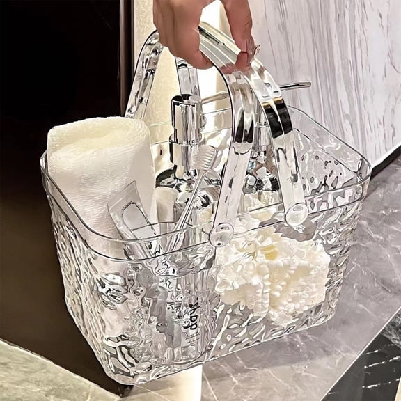 Oefntac Storage Basket Handheld Transparent Bathroom Storage Basket Multifunctional Tote Organizer Handle Shower Dorm Makeup Beauty Supplies Portable Large Clear
