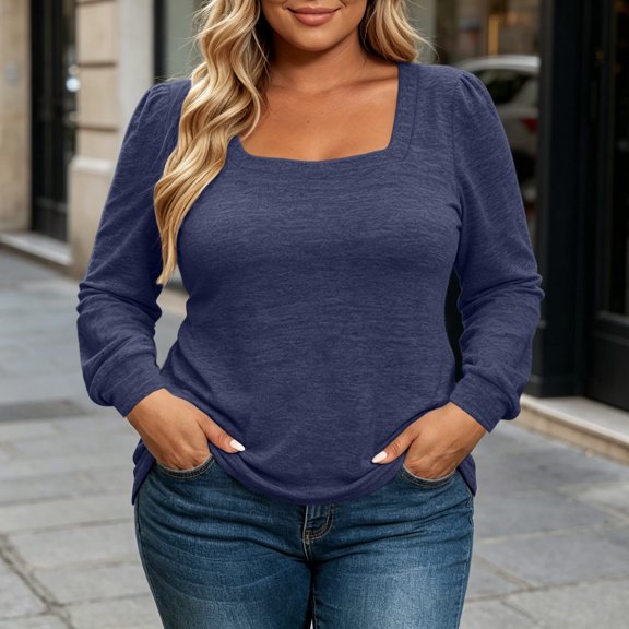 Oefntac Tops for Women Plus Size Long Sleeve Square Neck Blouse Puff Shoulder Design Loose Fit Tunic Tops Soft Lightweight Trendy Ladies Fall Clothing for Lounge and Relax
