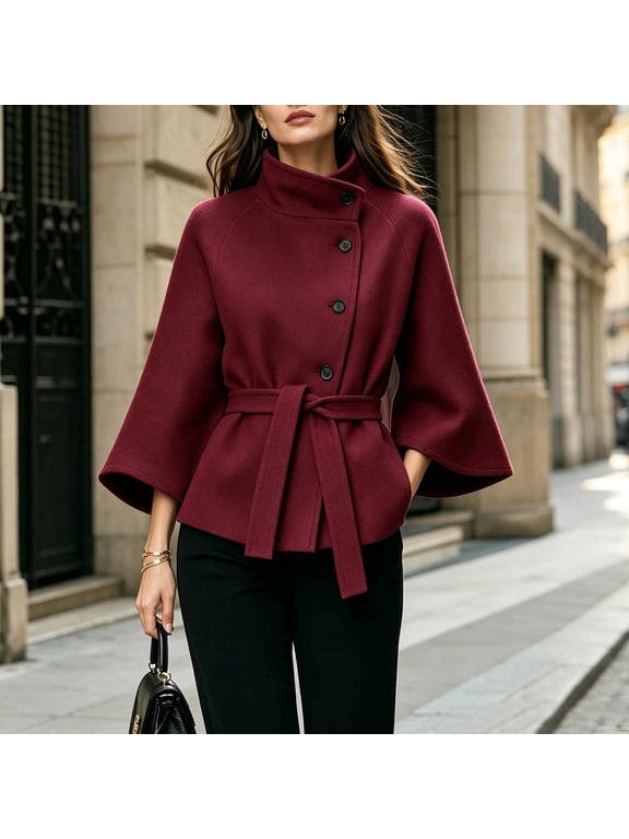 Tops for Women Stand Collar Wool Blend Short Coat 3/4 Flare Sleeve Belted Waist Side Button Elegant Outerwear for Women Fashion