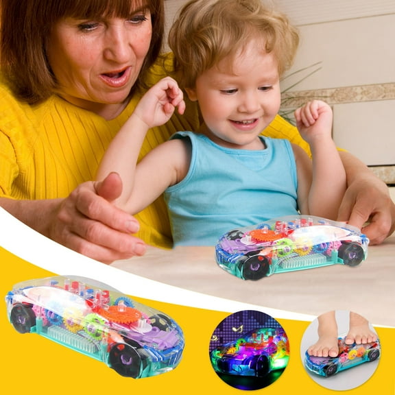 Oefntac Toy Car Kids Children Flashing Toy Transparent Light Up Colorful LED Music Mechanical Gear Car Luminous Model Gift