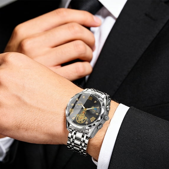 Oefntac Watch Men Quartz Watch Waterproof Alloy Roman Numeral Dial Silver Gold Strap Night Light Fashion Business Black Blue White Elegant Gift