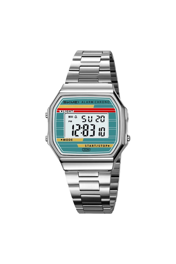 Watch Retro Octagonal Metal Digital Watch 1in Day Date Stainless Steel Bracelet 30m Waterproof Backlight Multi Function Timer Alarm Gift