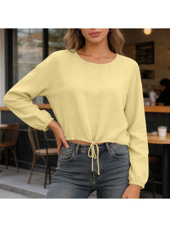 Womens Tops Crew Neck Cropped Blouse Women Long Sleeve Elastic Cuffs Front Drawstring Hem Loose Fit Casual Daily Wear Streetwear for Gym and Workout