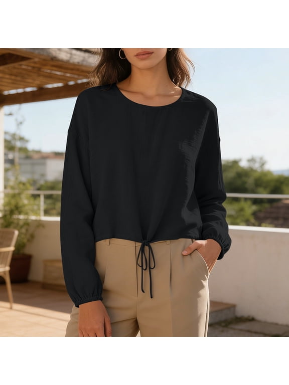Womens Tops Crew Neck Cropped Blouse Women Long Sleeve Elastic Cuffs Front Drawstring Hem Loose Fit Casual Daily Wear Streetwear for Gym and Workout