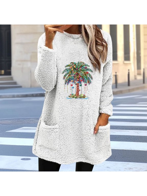 Womens Tops Plus Size Tunic Long Sleeve Christmas Tree Graphic Tunic Top with Side Pockets Loose Mid Length Warm Plush Shirt Winter Outfits for Lounge and Relax