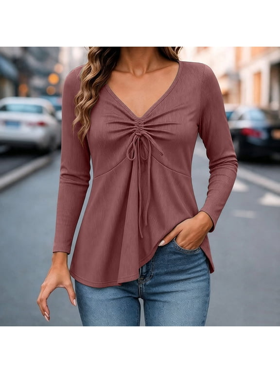 Womens Tops V Neck Long Sleeve Tunic Top Ruched Drawstring Front Flared Hem Ribbed Shirt Loose Fit Casual Blouse for Travel and Vacation