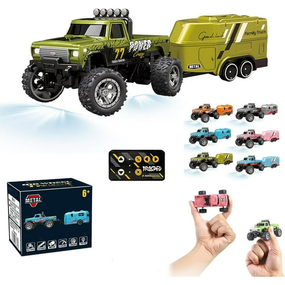 Oein Mini Rc Monster Truck, 1/64 Scale Alloy Rc Big Wheel Truck, Mini Rc Monster Truck and Trailer, 2.4g Remote Control Car with Lights