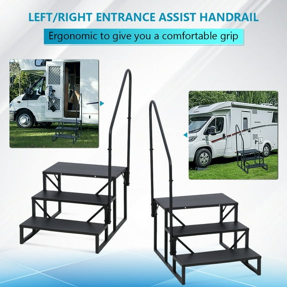 Oem Heavy Duty Portable RV Step Ladder with Handrails, Metal Black