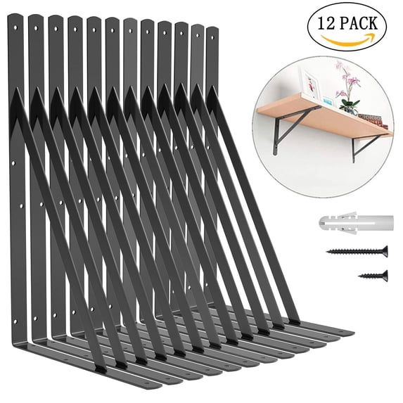 Oenbopo 12 "Heavy Duty Shelf Brackets, 12-Pack Large Wall Bracket for Garage Storage Shelves, Black Metal Shelf Brackets with Screws,90 Degree Triangle Corner Brace Joint Angle Bracket