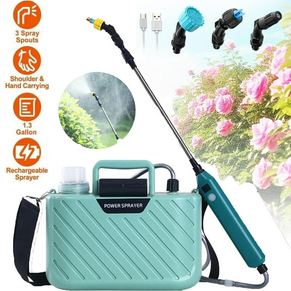 Oenbopo Battery Powered Sprayer 5L, Electric Garden Sprayer with Battery Indicator, 23.6" Telescopic Wand, 3 Mist Nozzles, Shoulder Type Water Sprayer for Weed, Yard, Lawn and Garden,Green