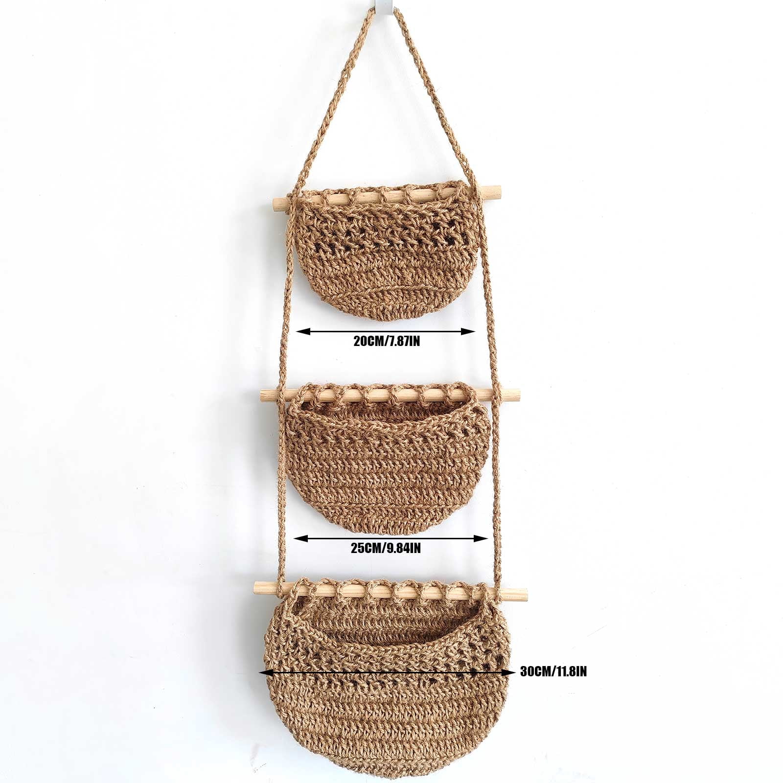 Oenbopo Hanging Fruit Basket, Handmade 3 Tier Woven Jute Wall Basket for Organizing,Hanging Produce Basket Fruit Vegetable Storage for Kitchen, Bedroom