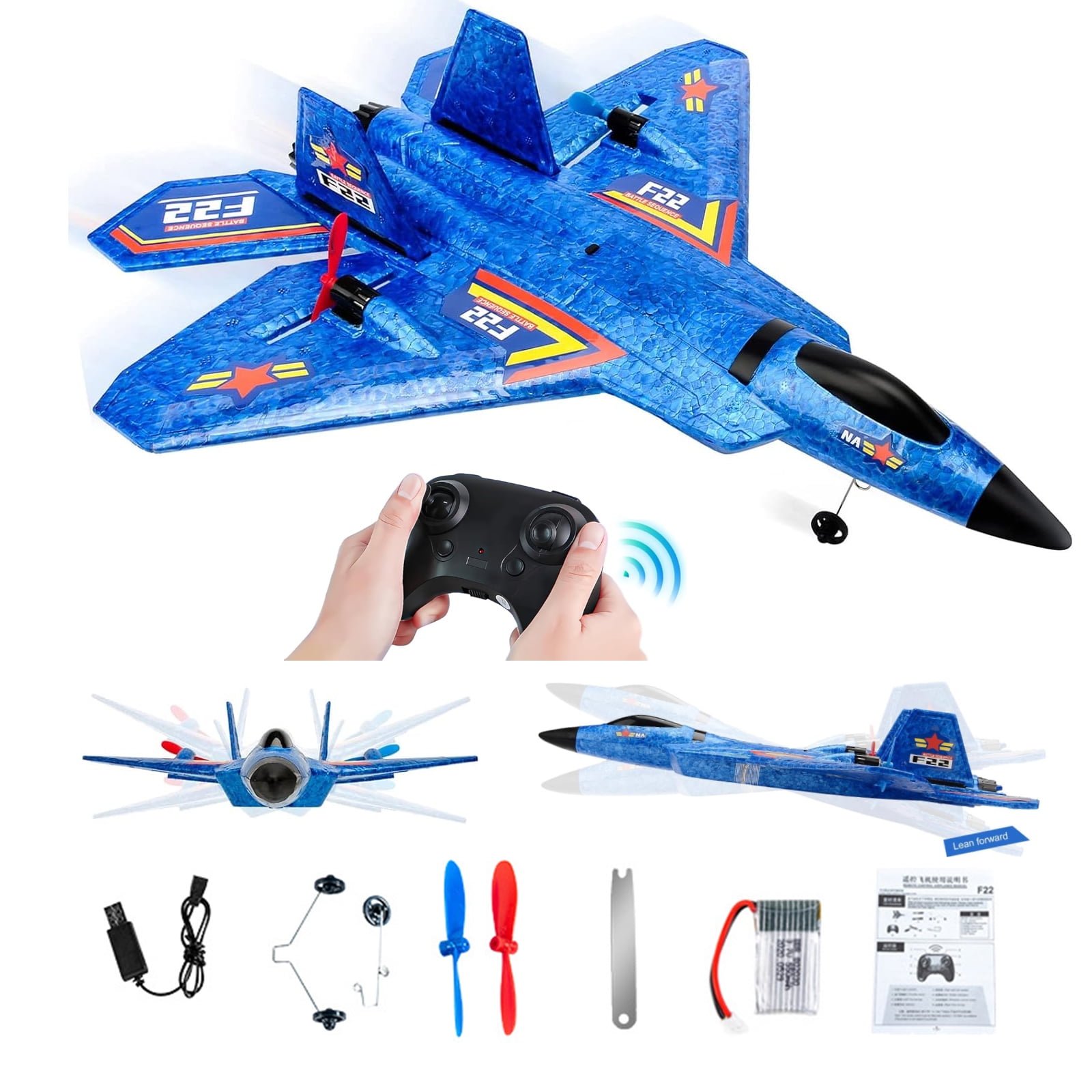 Oenbopo RC Plane, 2.4GHz 6 Axis Gyroscope Rc Airplanes, Remote Control Airplane Jet Fighter Toy for Beginners Blue