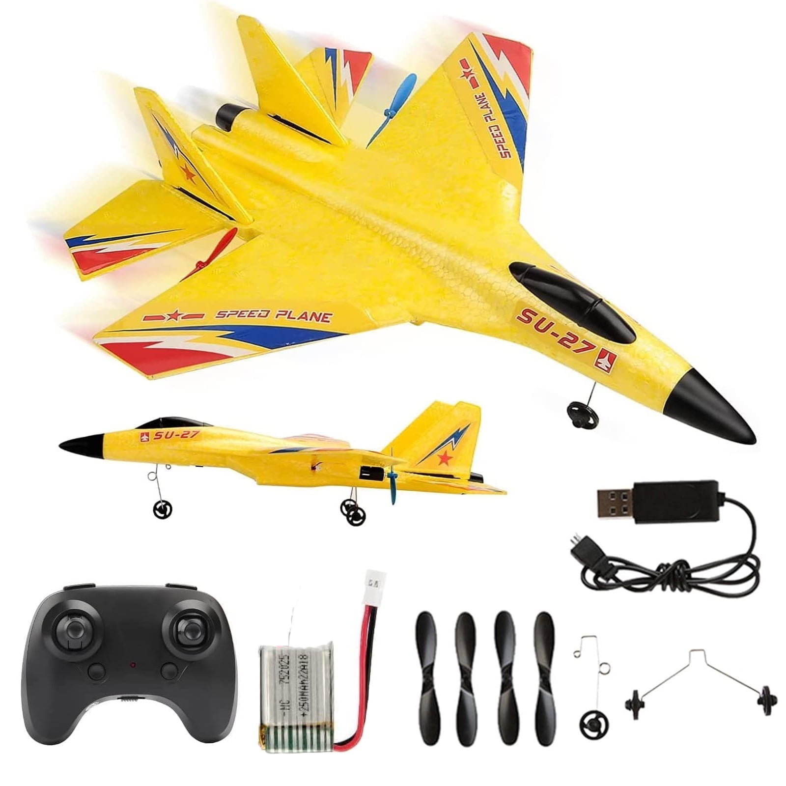 Oenbopo RC Planes,SU-27 RC Airplane,2.4GHz 2 Channel Remote Control Plane with Gyro Night Lights and 2 Batteries, Easy to Fly for Adults, Beginners and Kids,Yellow