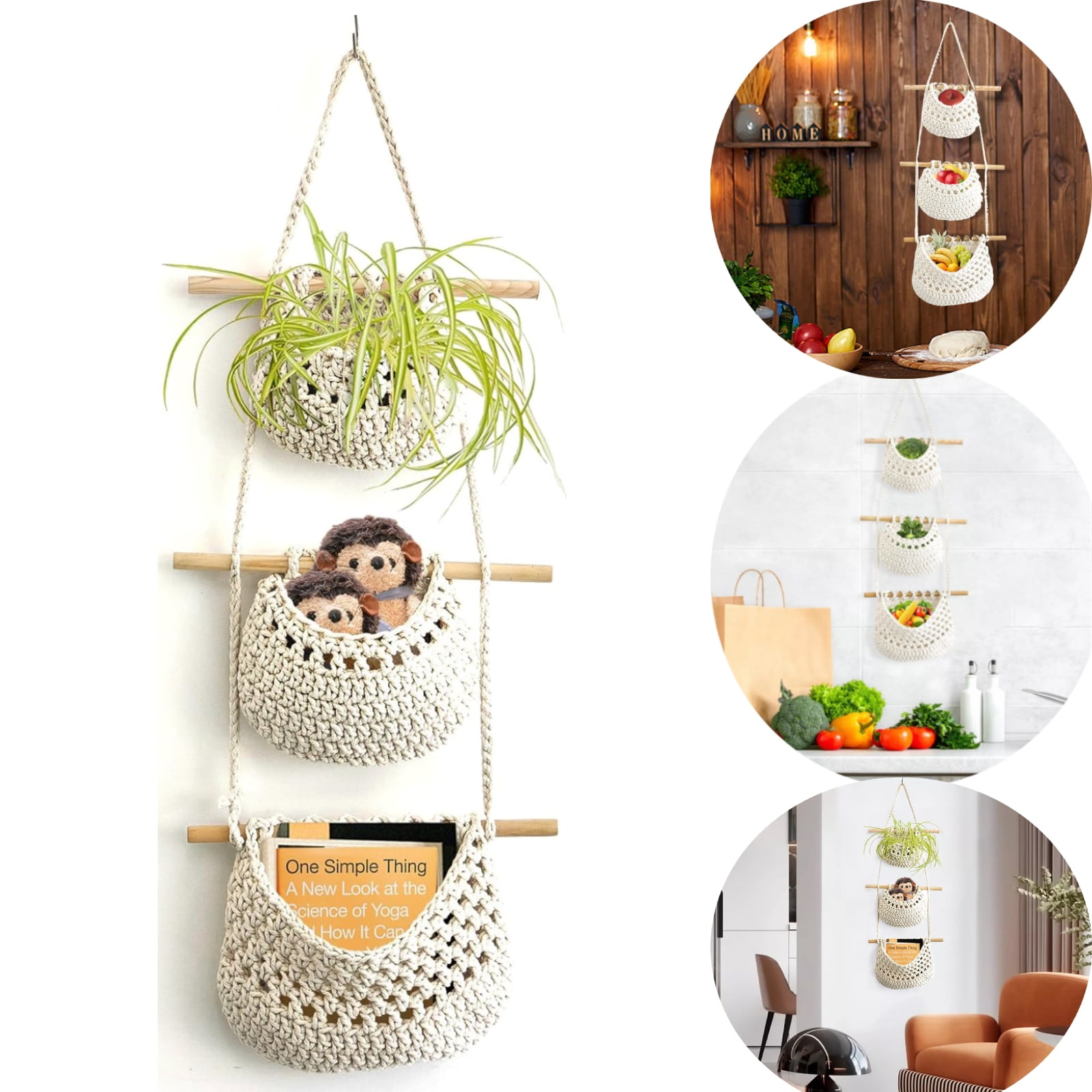 Woven Hanging Baskets For Organizing 3 Tier Hanging Wall Basket Decorative Wall Hanging Storage Boho Wall Mounted Basket Cotton Over The Door Basket Organizer For Living Room Kitchen Nursery Bathroom