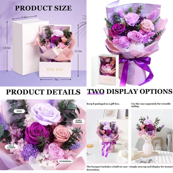 Oerdoh Flowers for Delivery Prime Preserved Flowers 5 Forever Purple Roses Long-Lasting Flower Bouquet with Gift Box Happy Birthday Flowers Gifts for Women Mom Grandma Wife Friends