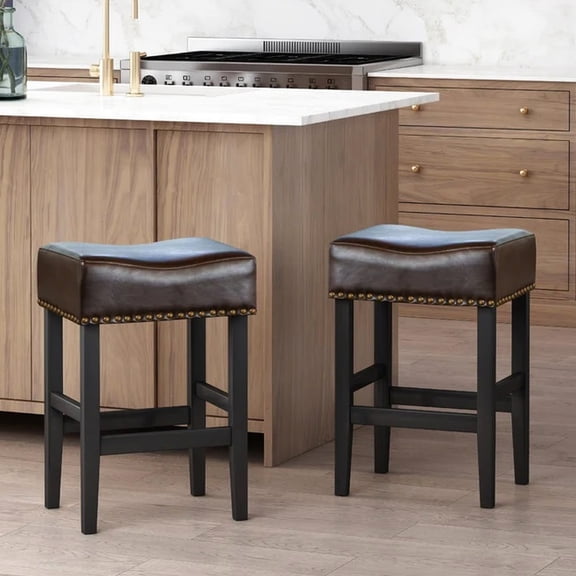 Of 2 26" Backless Counter Stools In Brown, Bonded Leather Seating, Comfortable Cushions, 2 Seat, Cushion, Hardwood Construction