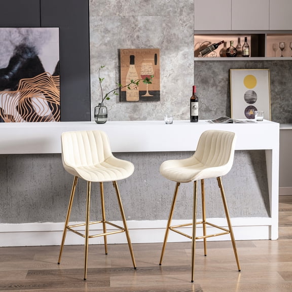 Of 2 30" Bar Stools, Cream Velvet Fabric Counter Stool, Golden Leg, Footrest, Foam Filled Conventional Chair Regular