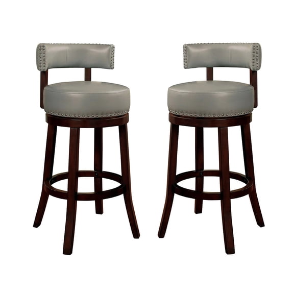 Of 2 30" Bar Stools, Dark Gray Upholstery, Oak Solid Wood, Transitional Style For Dining, Padded Seat With Captivating Nailhead Trim Stools 30", & ,