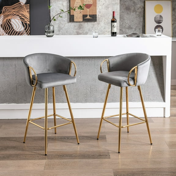 Of 2 30 Inch Bar Stools, Gray Velvet And Golden Leg Base, Footrest For A Luxurious Feeling Stools 2, Fabric Covered With Leg, An Elegant Look